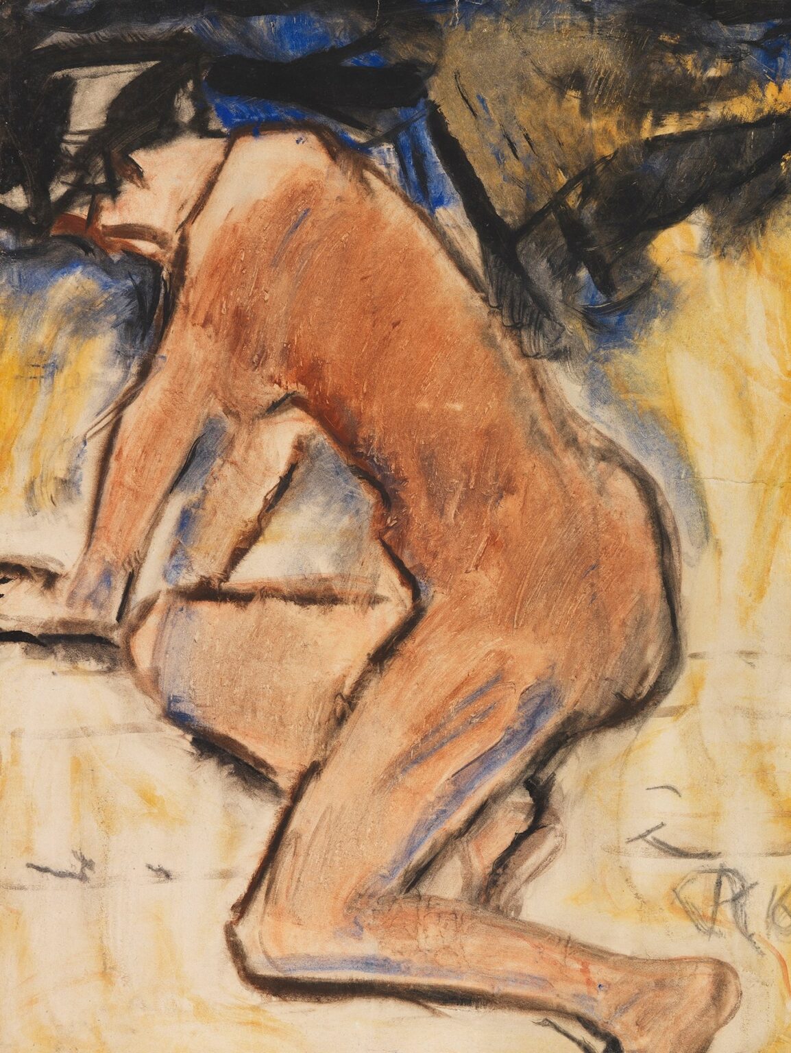 Expressionist nude by Christian Rohlfs showing a rear view of a kneeling figure with bent limbs and bowed head, painted in warm sienna and ochre tones accented by cool blues and charcoal outlines against a lightly washed background.