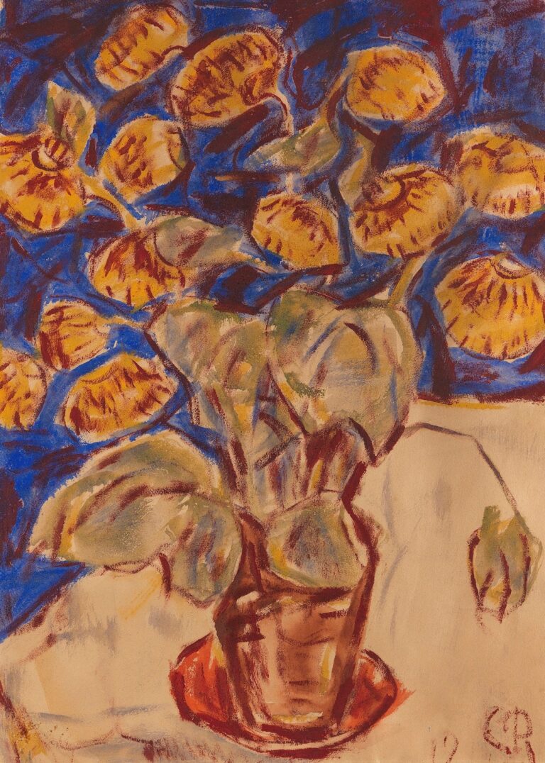 Expressionist still life by Christian Rohlfs showing a potted lady’s slipper orchid with broad green leaves and golden-yellow pouch-like blooms set against a deep blue and crimson background, all rendered in loose, dynamic brushstrokes on paper.