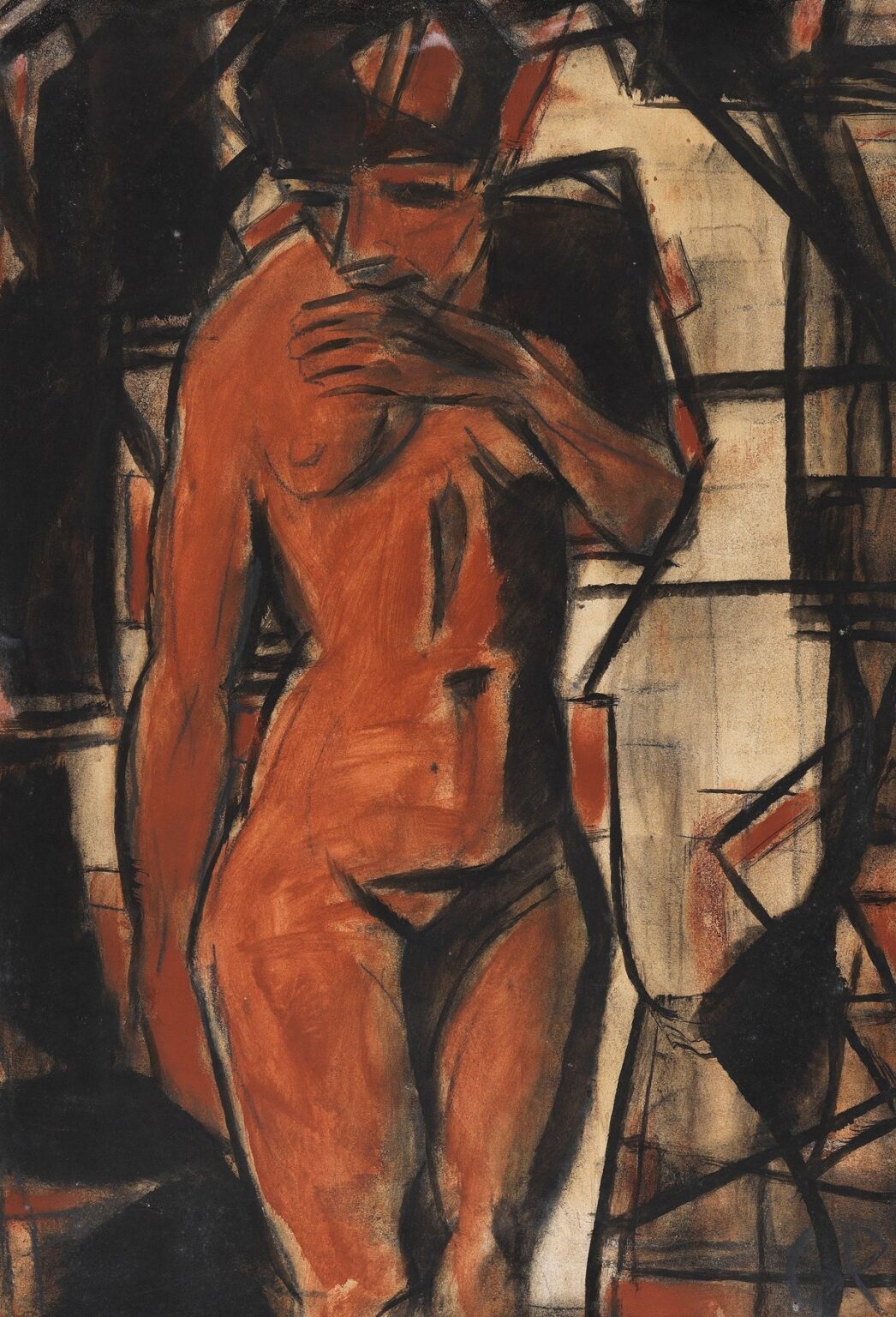Expressionist painting by Christian Rohlfs of a standing female nude rendered in warm terracotta and deep charcoal, set against an abstract grid of broken lines and pale ground showing through, with the figure’s hand raised to her mouth in a contemplative gesture.