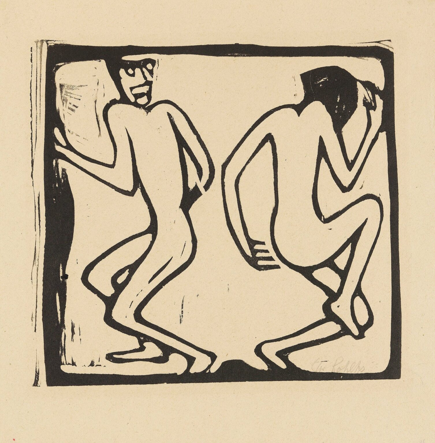 Simplified black-and-white print by Christian Rohlfs showing two stylized, nude figures in dynamic, mirrored dance poses, rendered with thick, flowing contours against a neutral background.