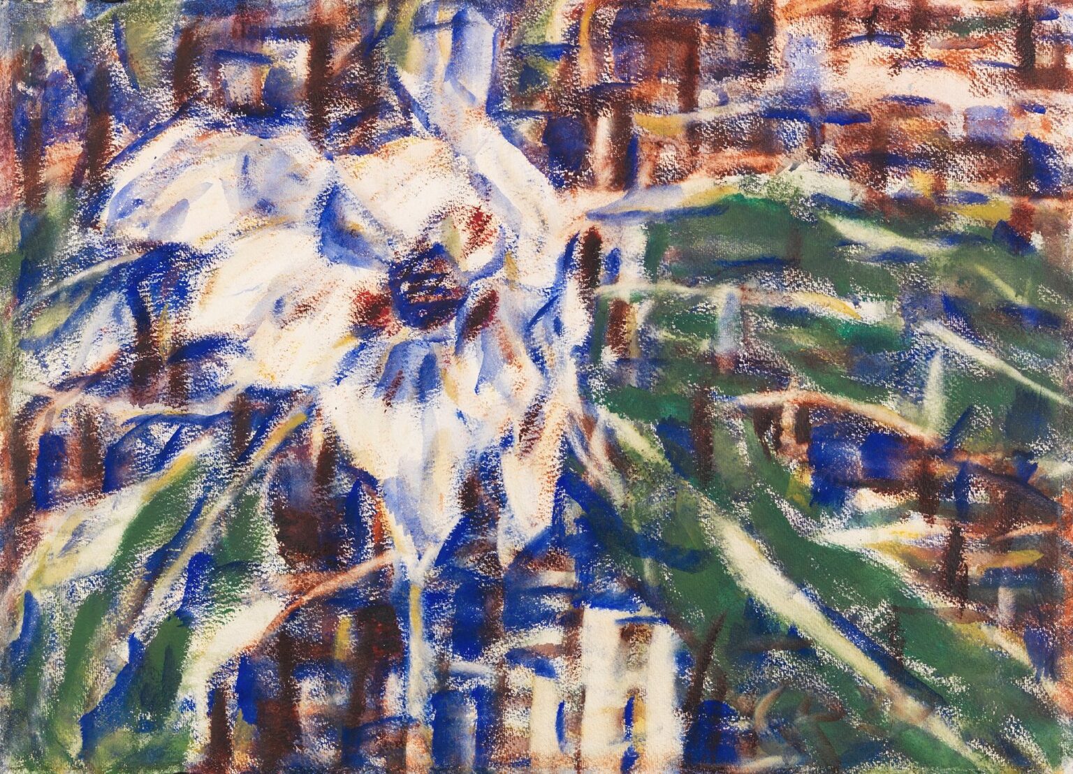 Expressionist flower study by Christian Rohlfs depicting a magnolia blossom in vibrant blues and whites, set against a background of green foliage and a rhythmic grid of rust and cobalt brushstrokes.