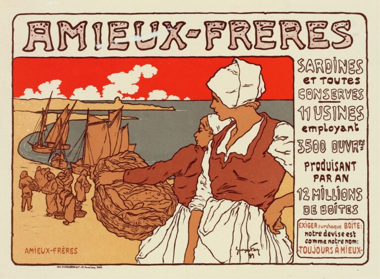 Art Nouveau poster showing two women in traditional coifs and red bodices carrying wicker baskets of barley or hops by the Meuse River, framed by a red sky band and integrated brewery lettering.