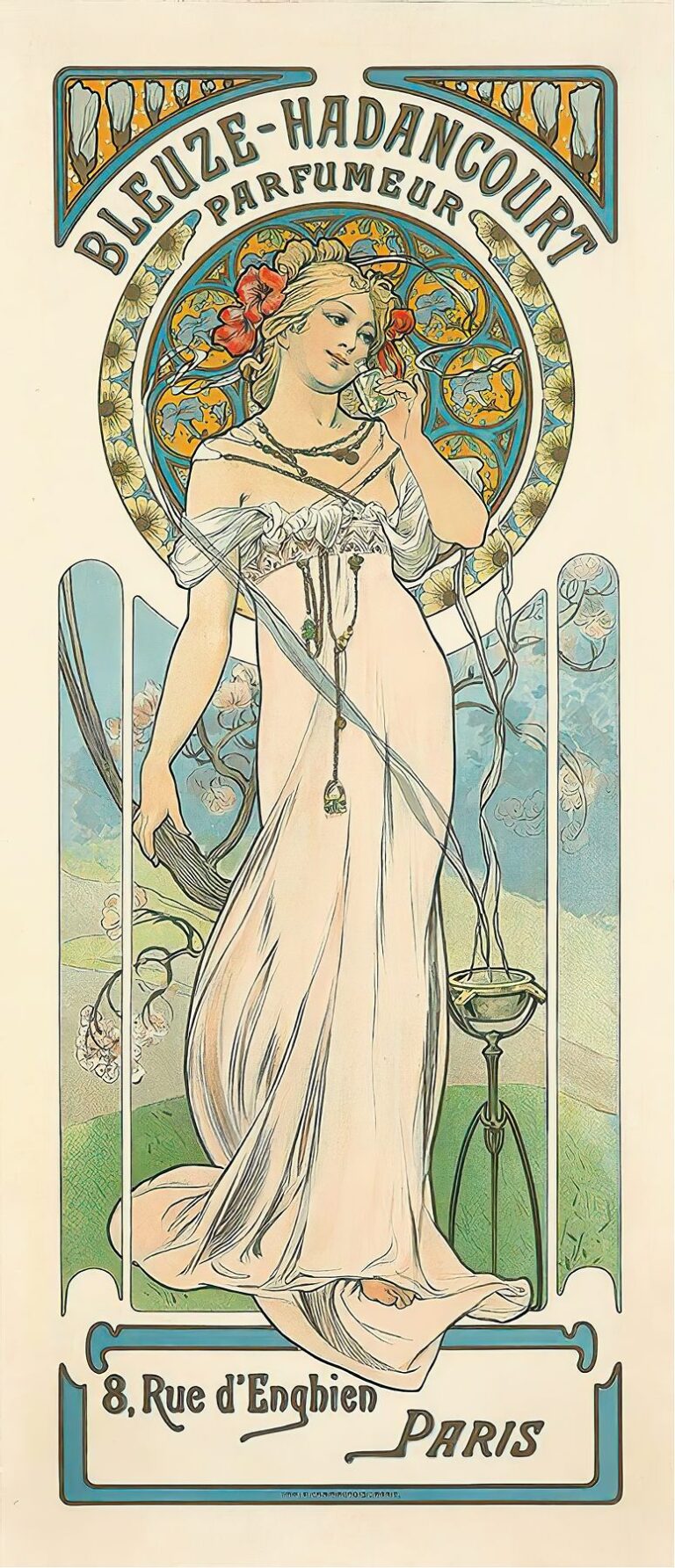 Art Nouveau poster showing a graceful woman in a flowing white gown, holding a perfume flask to her cheek, framed by a decorative floral halo and blossoming branches, with curved “Bleuze‑Hadancourt Parfumeur” lettering above.