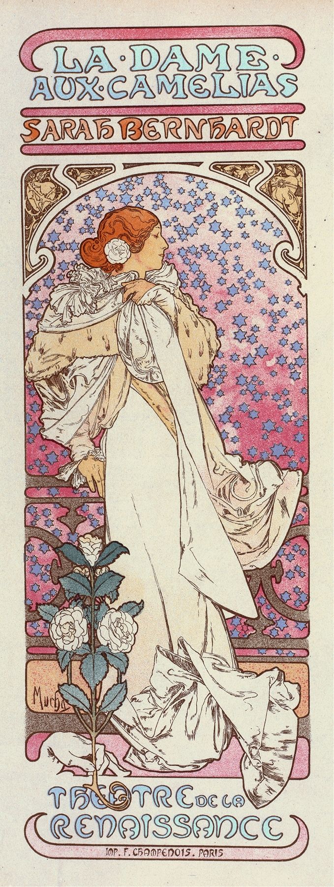 Art Nouveau poster depicting Sarah Bernhardt as Marguerite Gautier in a white gown and fur stole, set against a pink and lavender star field, framed by decorative vines and camellia blooms.