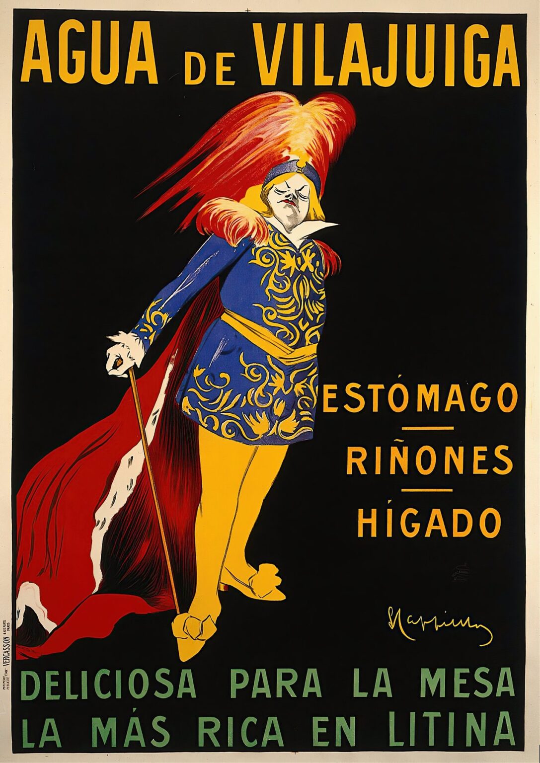 A vintage poster showing an aristocratic figure in a blue tunic with gold ornamentation, red plumed hat and cape, and yellow tights holding a cane against a black background; bold yellow “Agua de Vilajuïga” text at the top, health benefit labels to the side, and a green slogan at the bottom.