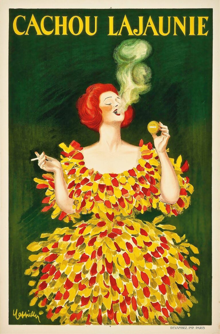 A vintage poster featuring a red-haired woman wearing a voluminous dress of yellow and red petal-like shapes, holding a small round tin of lozenges in one hand and a cigarette in the other, exhaling pale green smoke against a dark green background with large yellow “CACHOU LAJAUNIE” text at the top.