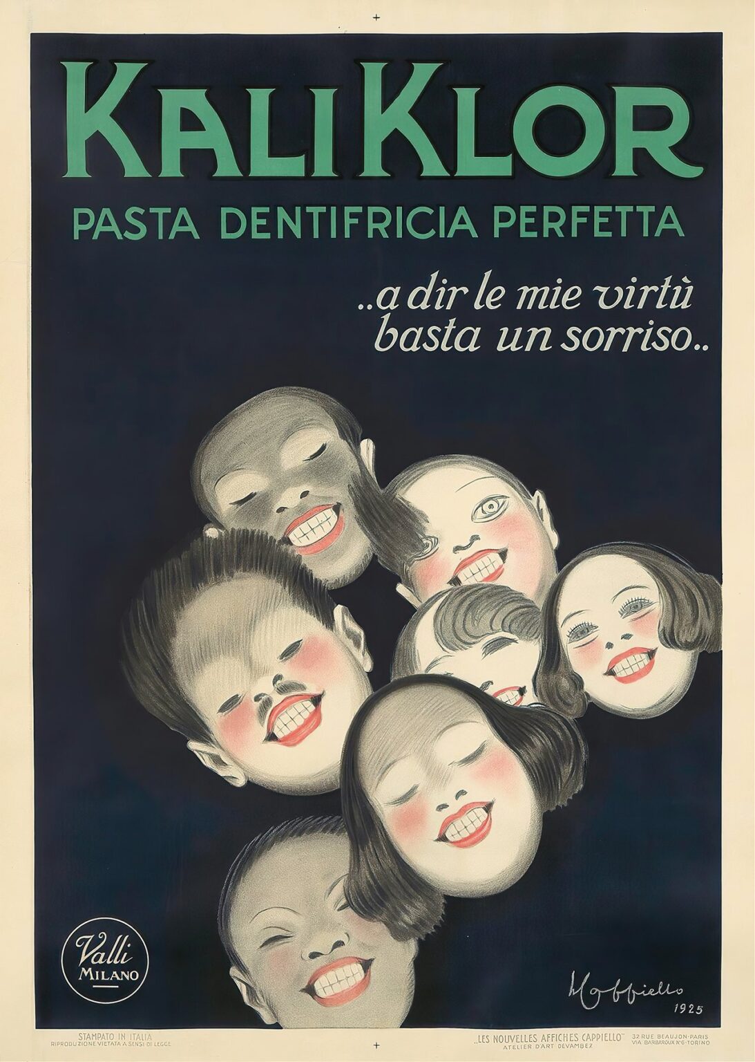 A vintage poster showing seven floating heads of men, women, and children smiling broadly with gleaming white teeth against a dark navy background, topped by green “KALI KLOR Pasta Dentifricia Perfetta” text and a cursive Italian slogan.