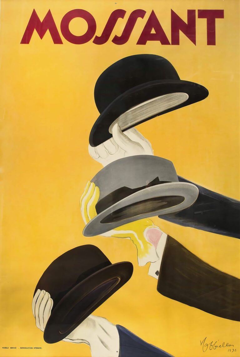 A vintage advertisement poster depicting three disembodied hands, each holding a different style of hat (black bowler, gray fedora, dark bowler) arranged diagonally against a bright yellow background with large burgundy “MOSSANT” text at the top and the artist’s signature at the bottom.