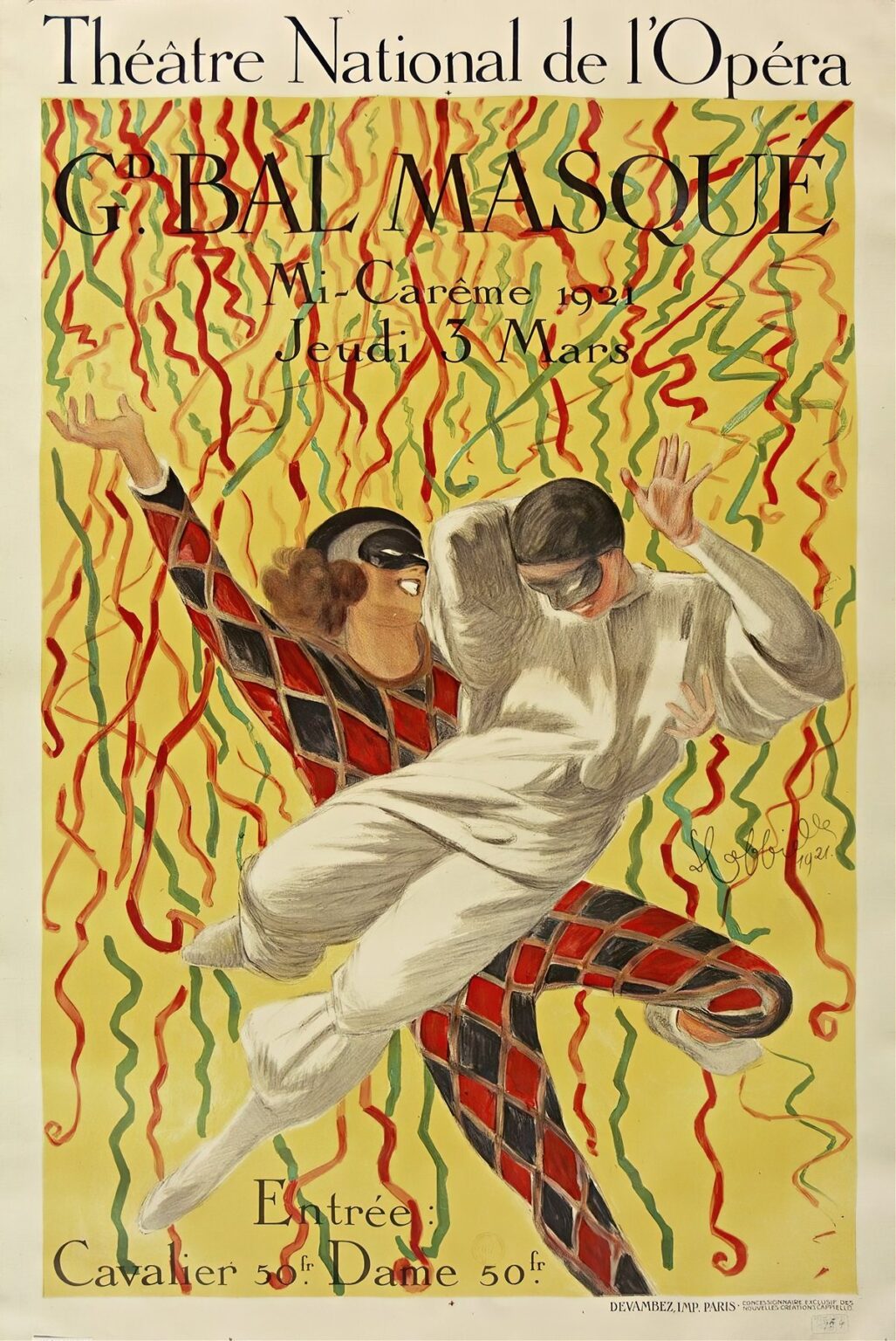 A vintage poster featuring two masked dancers in Harlequin and Pierrot costumes leaping beneath red and green streamers against a yellow panel, framed by off-white borders with elegant black text announcing the Opera’s Grand Bal de la Mi-Carême.