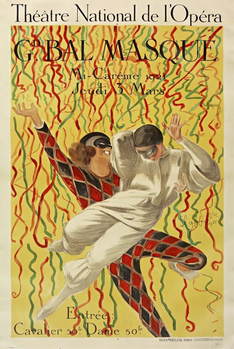 A vintage poster featuring two masked dancers in Harlequin and Pierrot costumes leaping beneath red and green streamers against a yellow panel, framed by off-white borders with elegant black text announcing the Opera’s Grand Bal de la Mi-Carême.