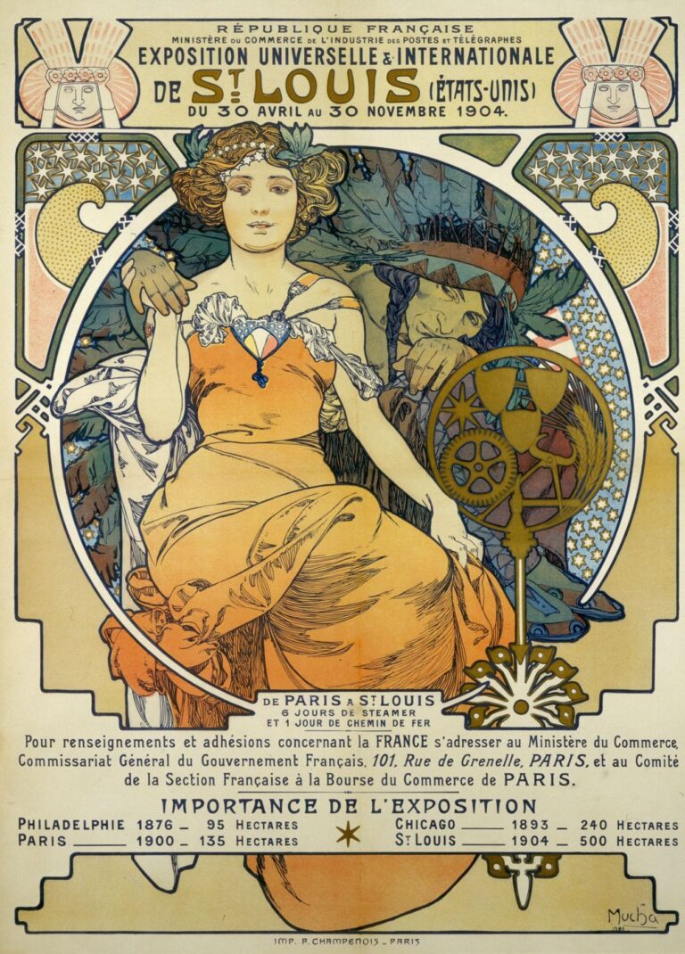 Art Nouveau poster showing a seated allegorical woman draped in classical robes, a Native American chief in feathered headdress behind her, and an industrial medallion of gears and wheat, framed by star motifs and custom lettering announcing the 1904 St. Louis Exposition.