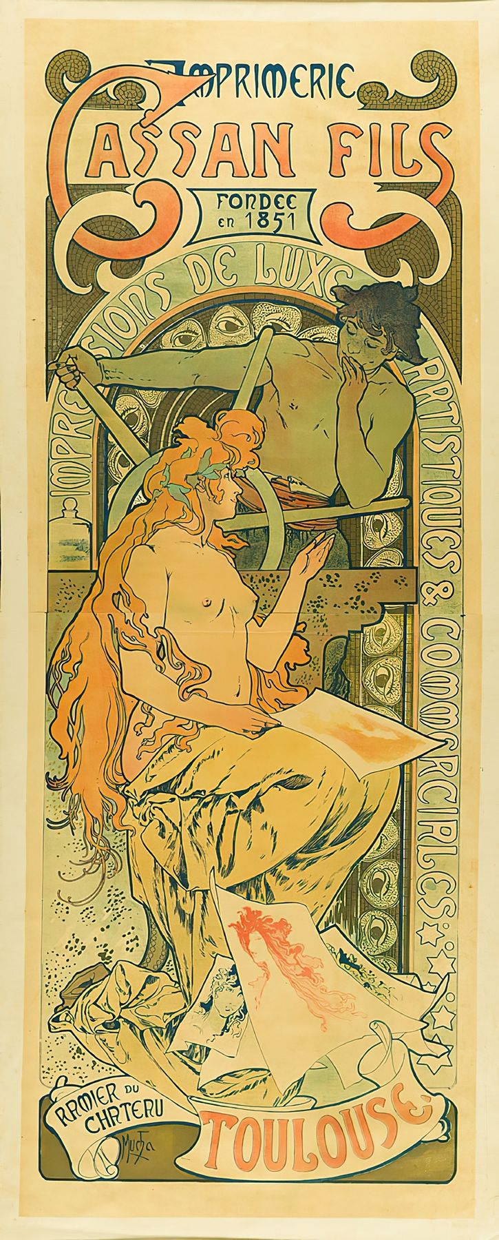 Art Nouveau poster depicting a nude muse seated before the curved levers and wheels of a printing press, her flowing hair and drapery intertwining with machinery, crowned by “Cassan Fils,” and labeled “Toulouse” at the base.