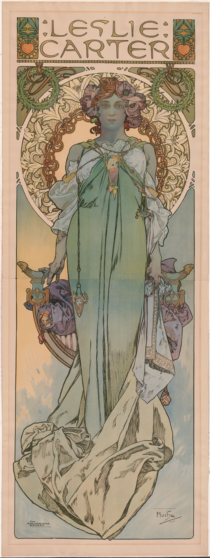 Art Nouveau poster depicting Leslie Carter standing in a flowing green gown, her hair crowned with purple flowers, framed by a circular floral medallion and cog‑like wreaths, with bespoke “Leslie Carter” lettering at the top.
