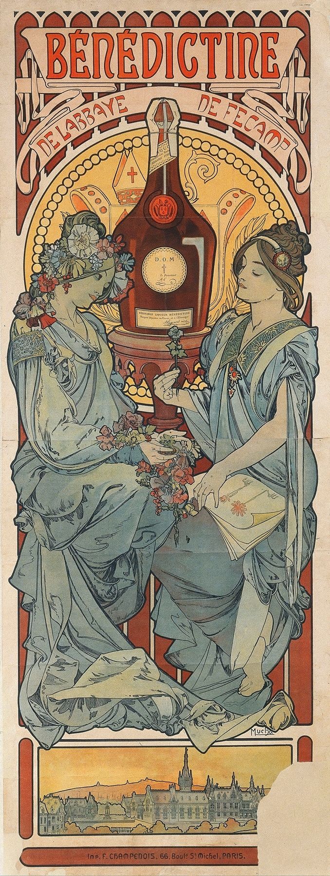Art Nouveau poster featuring two allegorical women in flowing blue robes weaving botanical garlands and reading a herbal manuscript around a sacred bottle of Bénédictine, framed by red banners and an aureole of medieval ornament with Fécamp Abbey at sunrise.
