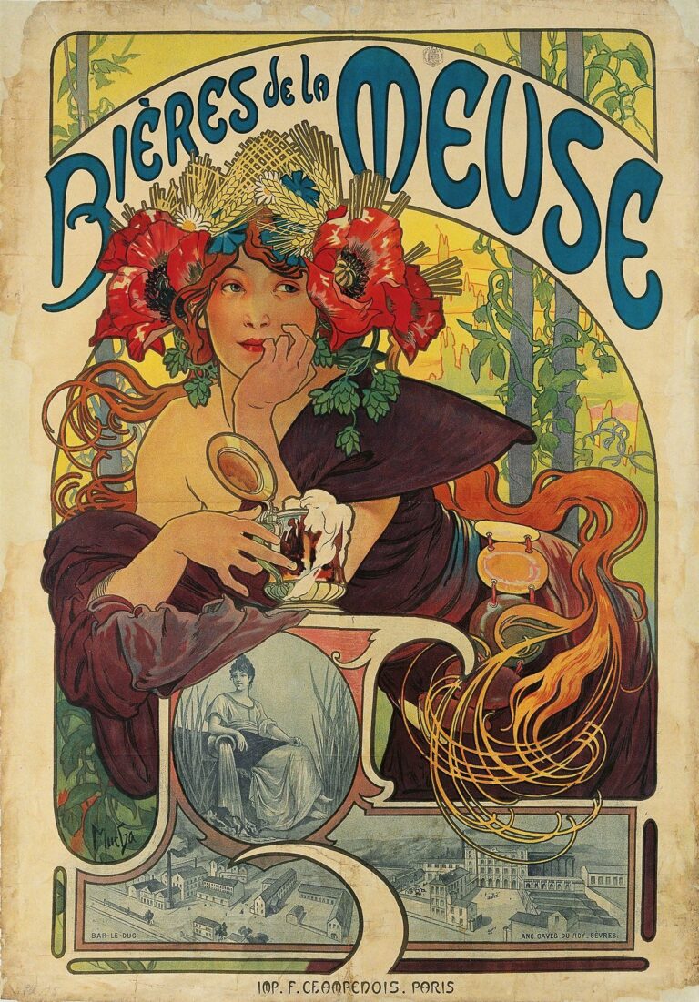 Art Nouveau poster depicting a half-draped woman crowned with poppies and hop vines, leaning over a tulip glass of foaming beer against a sunlit vine trellis, with bold “Bières de la Meuse” lettering above.