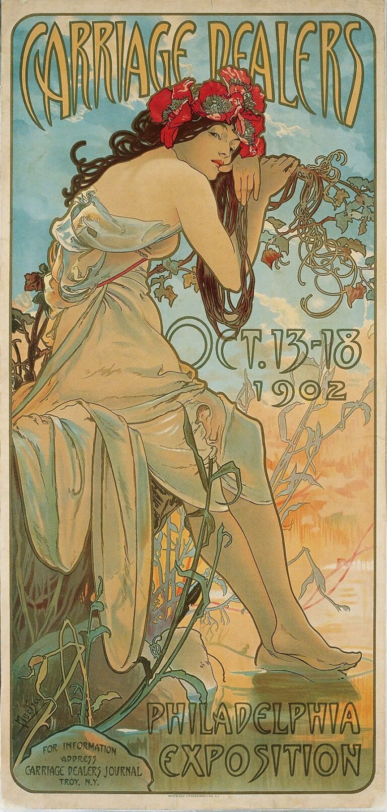 Art Nouveau poster depicting a red‑haired woman crowned with poppies, reclining at a riverside at dawn, her bare feet in water and dark hair entwined with vine, under the title “Carriage Dealers” and “Philadelphia Exposition.”