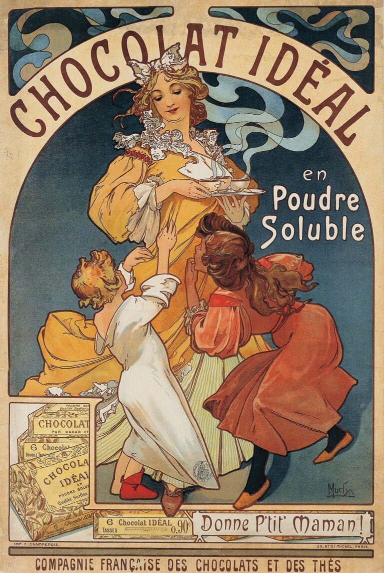 Art Nouveau poster showing a mother in golden robes serving steaming cups of soluble chocolate to two eager children, framed by a semi‑circular arch bearing “Chocolat Idéal,” stylized steam clouds, and a lower vignette of chocolate boxes and slogan “Donne P’tit Maman!”