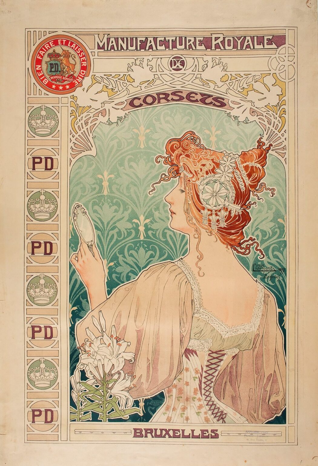 Art Nouveau poster by Alphonse Mucha depicting a red‑haired woman in profile wearing a floral corset and diaphanous chemise, admiring herself in a hand mirror against a patterned aquamarine background, framed by ornate border panels that read “Manufacture Royale,” “Corsets,” and “Bruxelles.”