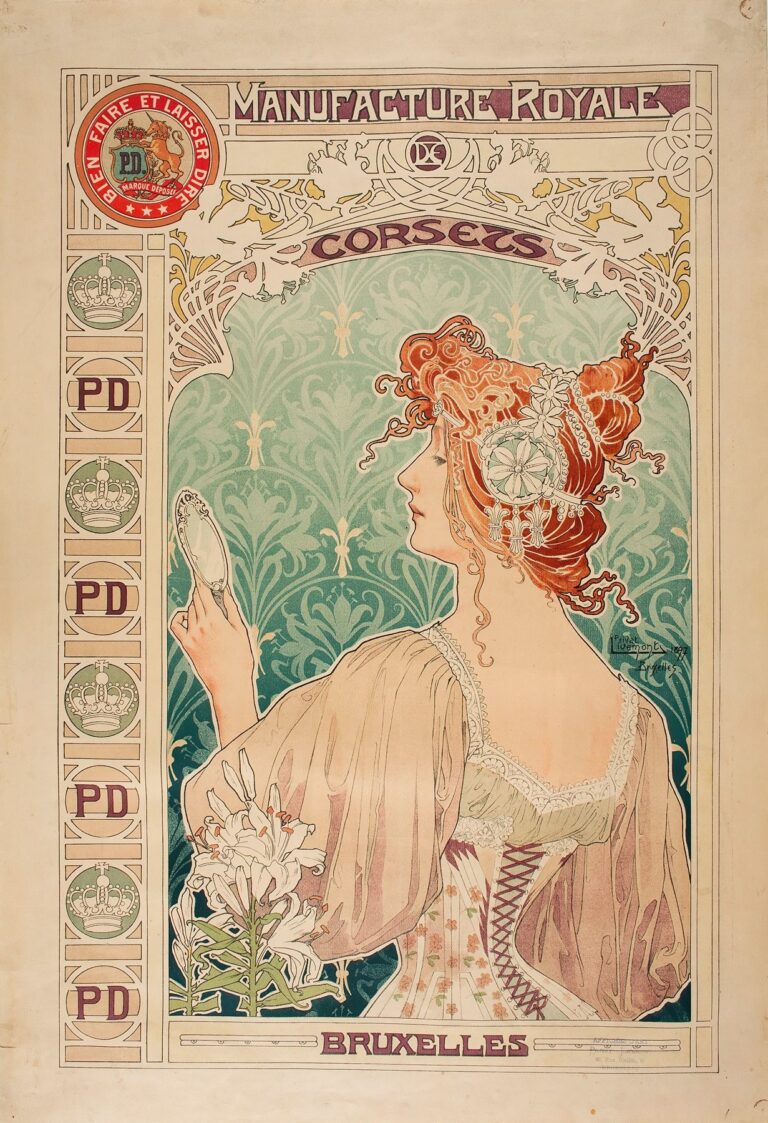 Art Nouveau poster by Alphonse Mucha depicting a red‑haired woman in profile wearing a floral corset and diaphanous chemise, admiring herself in a hand mirror against a patterned aquamarine background, framed by ornate border panels that read “Manufacture Royale,” “Corsets,” and “Bruxelles.”