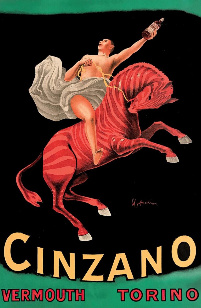 A vintage poster featuring a nearly nude rider draped in white cloth astride a vibrant red-striped horse against a black background with green bands, holding a bottle aloft above the yellow “CINZANO” text and red “VERMOUTH TORINO” label.