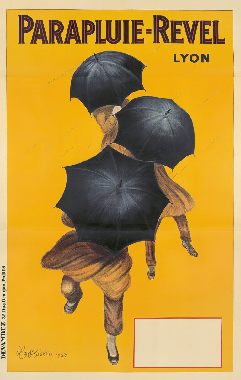 A vintage poster featuring three overlapping black umbrellas held by partially visible figures in brown attire, arranged diagonally against a bright yellow background streaked with rain, with stylized red-outlined black “PARAPLUIE-REVEL” text at the top and “LYON” beneath.