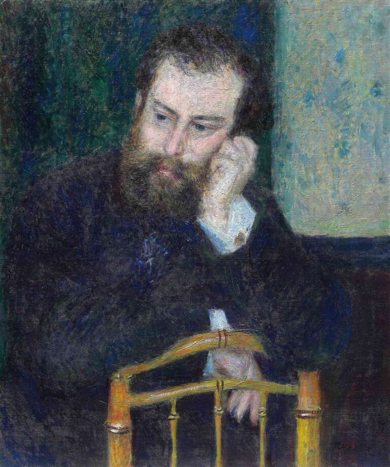 A man with a short beard and contemplative expression leans his head on his hand behind a bamboo chair, painted in loose, vibrant brushstrokes of green, ochre, and blue by Renoir.