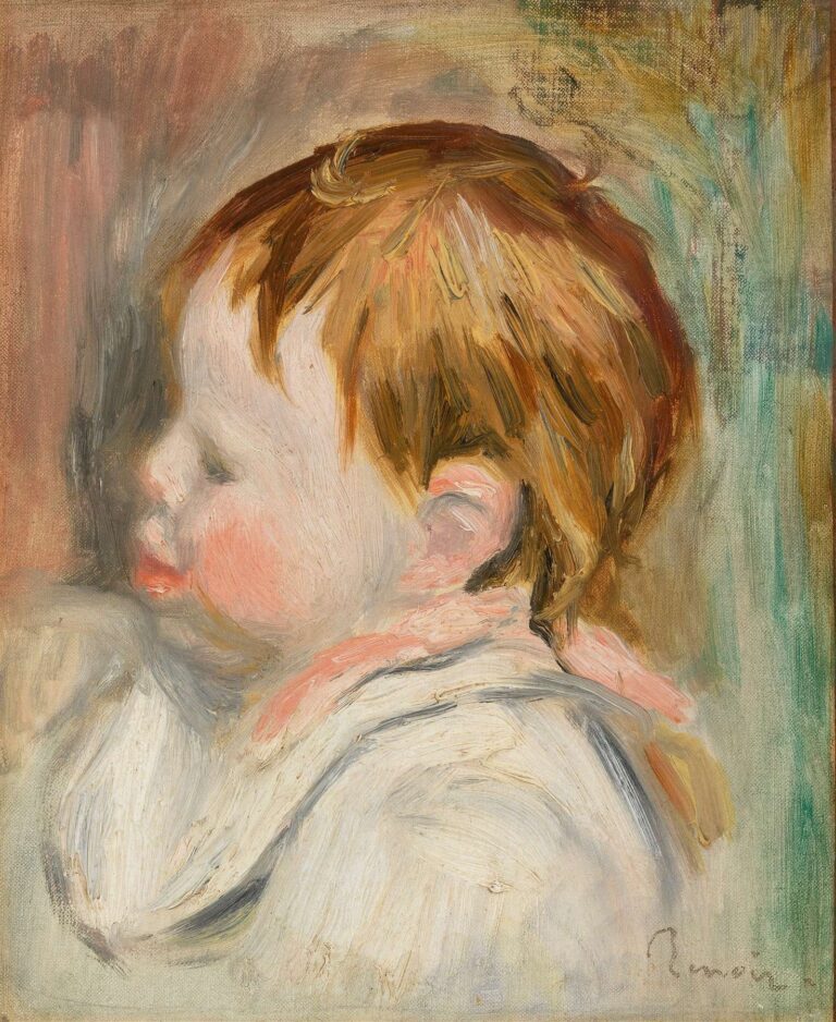 An oil portrait showing the left‑facing profile of an infant’s head with rosy cheeks and fine auburn hair, painted in soft, blended brushstrokes against a muted background.