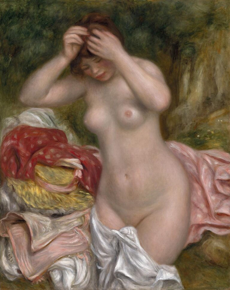 A nude woman seated outdoors amid draped fabrics adjusts her auburn hair with both hands, set against a background of sunlit green foliage, painted with soft, fluid brushstrokes by Renoir.