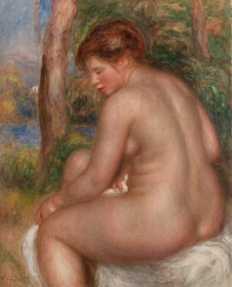 A nude woman seated in three‑quarter view on a draped white cloth in a leafy grove, her back and side illuminated by soft sunlight, painted with fluid brushstrokes and warm flesh tones by Renoir.