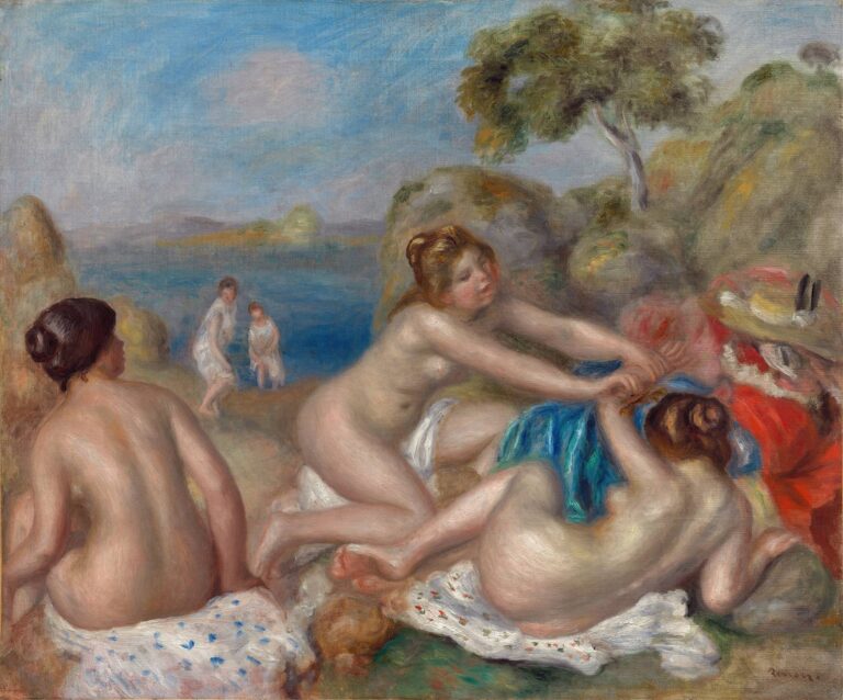 Three nude women on a rocky shoreline, laughing as they reach toward a small crab at their feet, with a young boy watching beside them, painted in luminous brushstrokes against a blue sea backdrop.