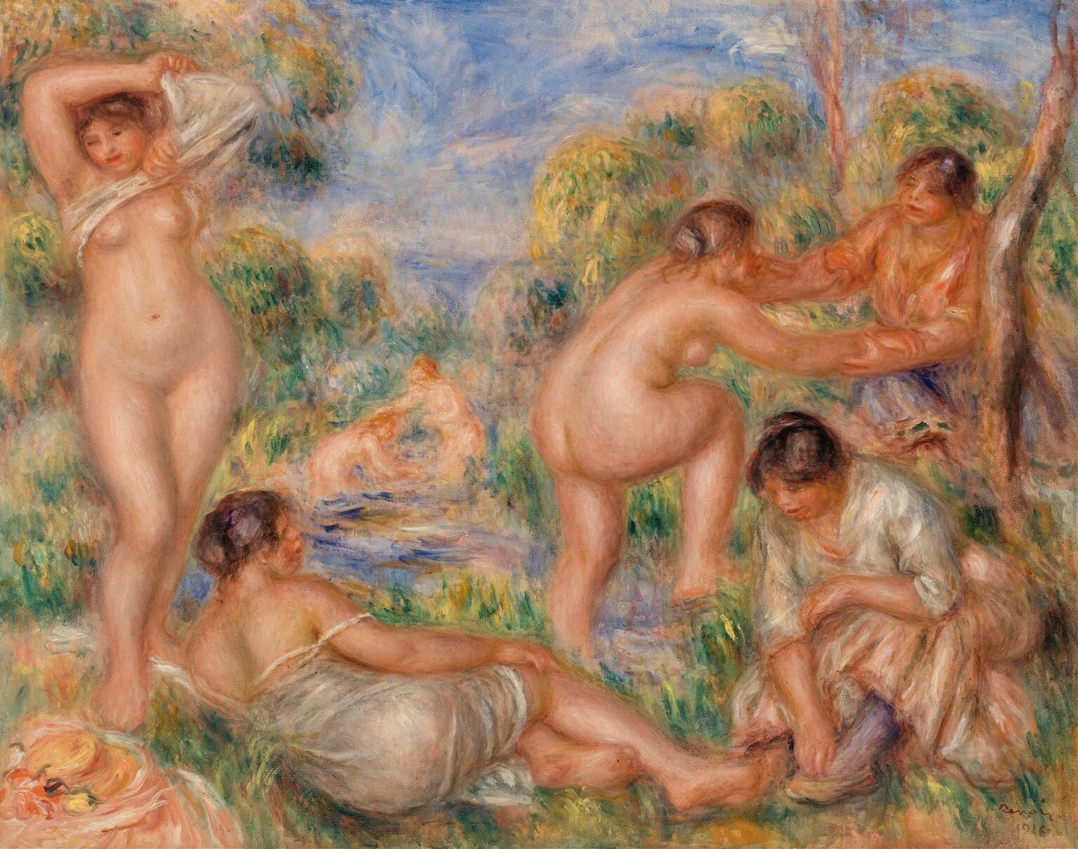 A group of six nude women and girls on a riverside clearing, some undressing or helping each other, painted in warm flesh tones and lively brushstrokes with a backdrop of green willows and blue water.