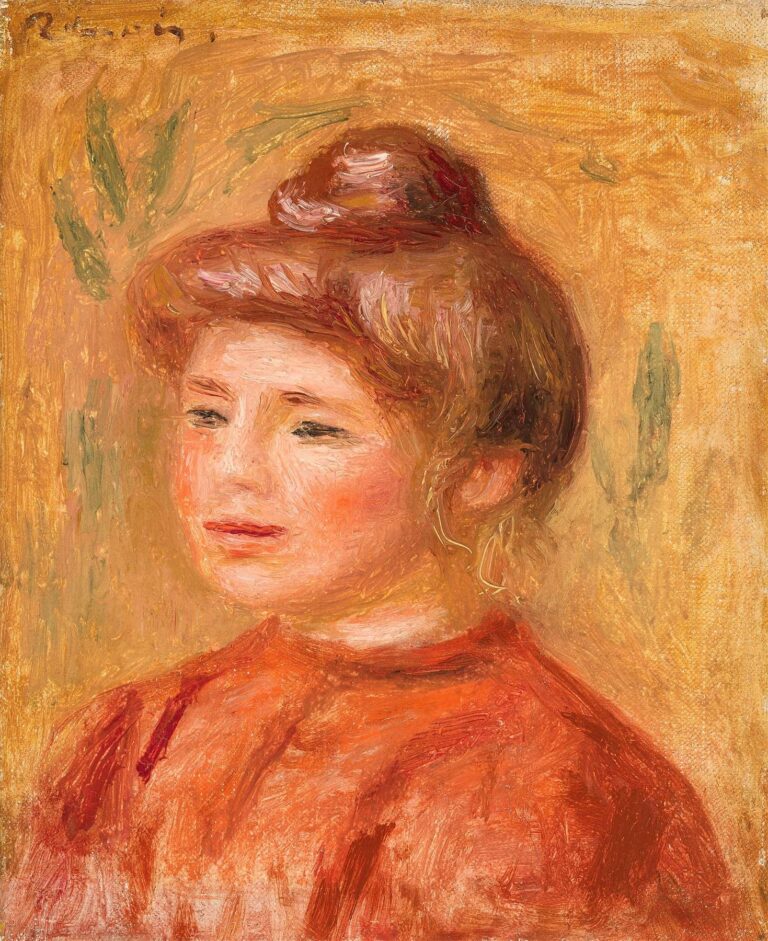 A seated woman in a vibrant red blouse lifts her hands to her hair, set against a warm, abstract ochre background, painted in soft, fluid brushstrokes by Renoir.