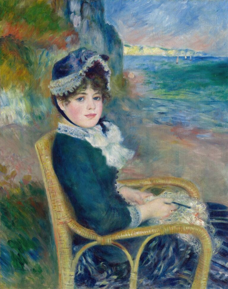 A young woman in a white dress and straw hat sits in a wicker chair on a sandy beach, looking thoughtfully toward the blue-green sea beneath high chalk cliffs, painted in vibrant, loose brushstrokes.