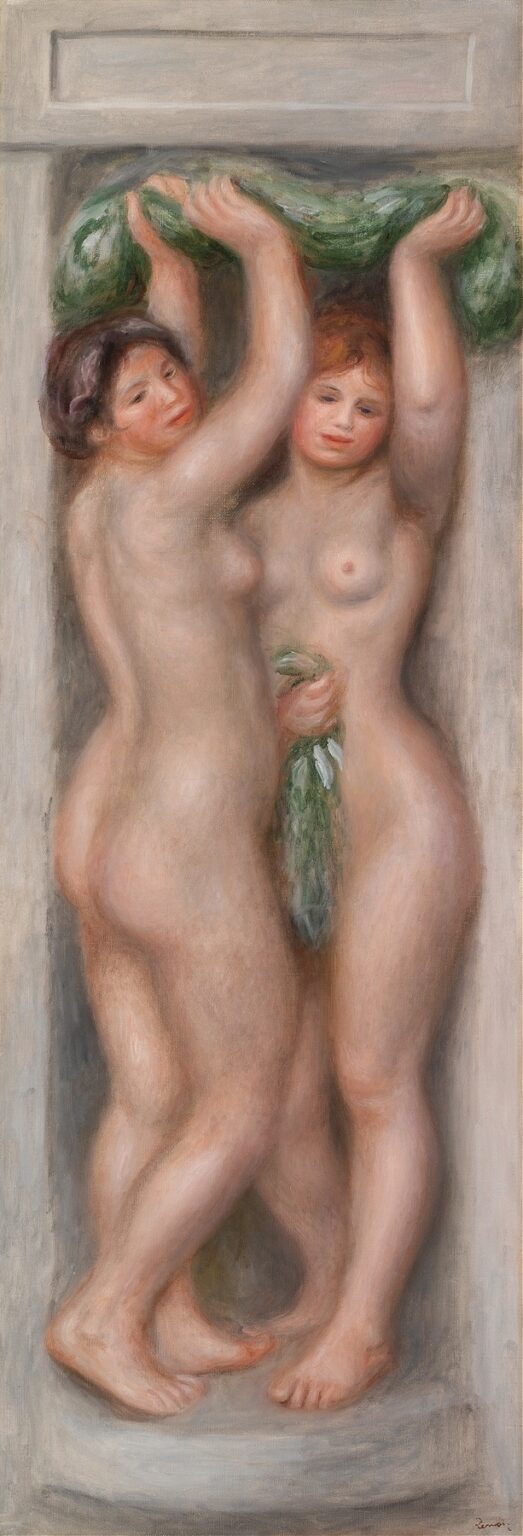 Two nude women stand side by side in a painted architectural niche, holding a garland of green leaves overhead, their warm flesh tones and soft modeling rendered in Renoir’s luminous brushwork.