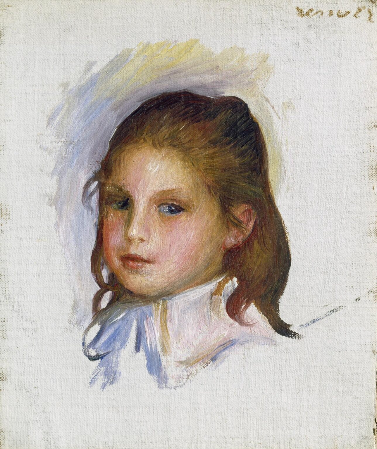 A close‑cropped portrait of a young girl with softly tousled brown hair and a pale lavender background, painted with warm skin tones and delicate brushwork by Renoir.