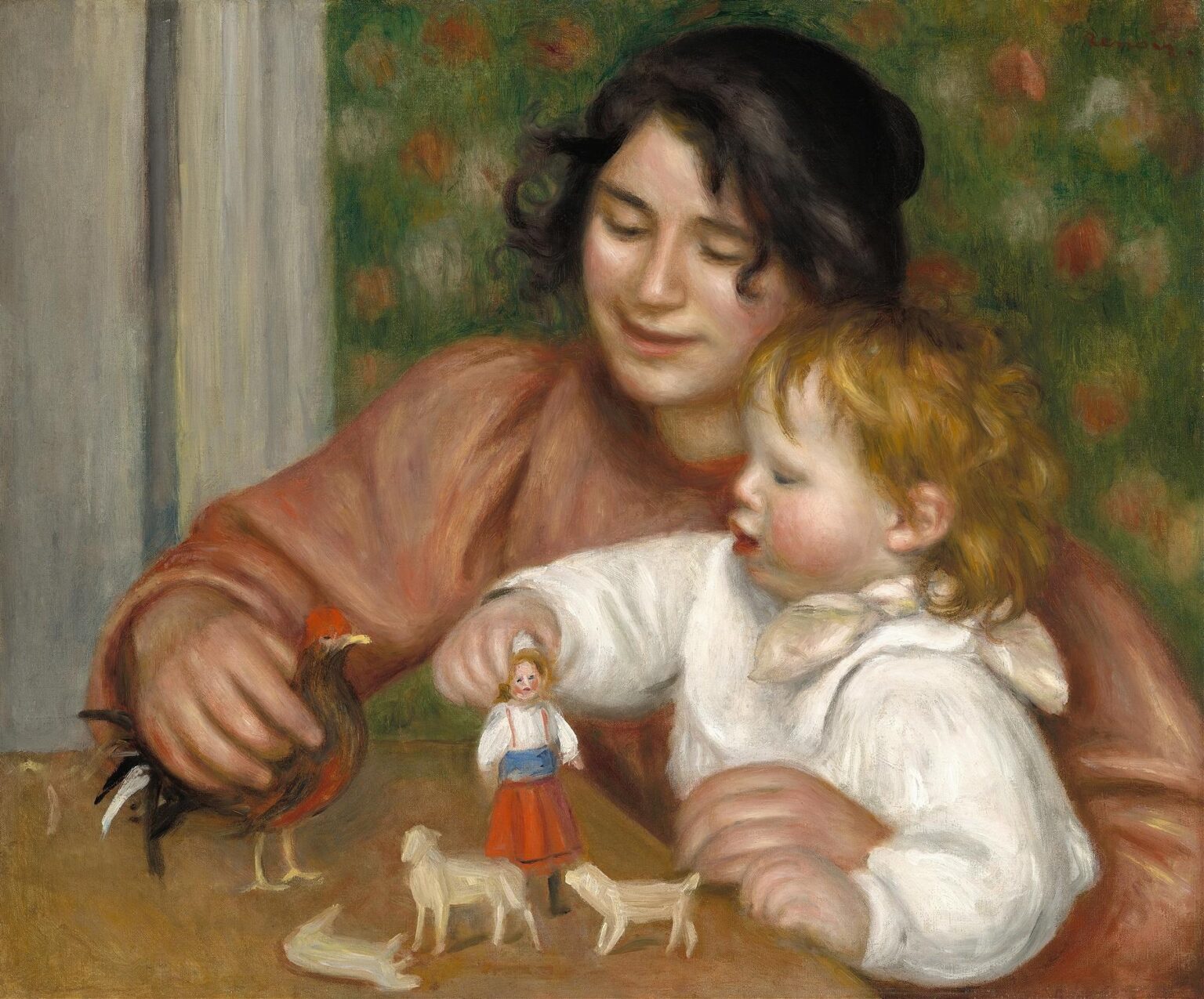 A dark‑haired woman smiles gently as she guides a young blonde boy who reaches for miniature toys—a red‑capped hen, lambs, and a doll—on a wooden table, painted in luminous, warm tones.