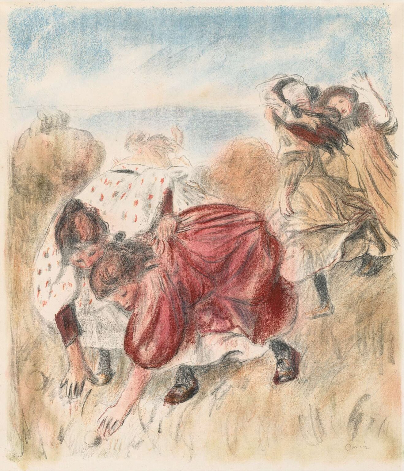 Four young girls in red, white, and apricot dresses bend and stretch to pick up a ball on a sandy seaside, two others tossing their arms in the air in the background, painted in lively pastel strokes.