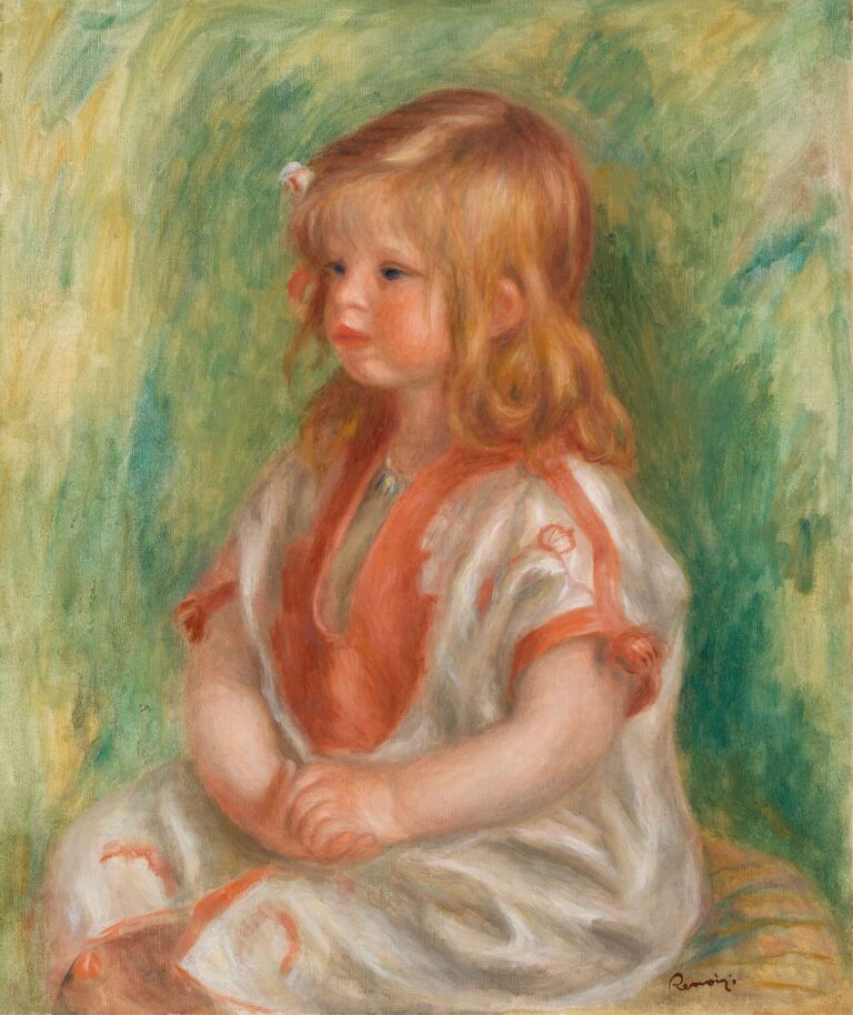 A young child with golden‑brown hair sits against a soft green and yellow background, his cherubic cheeks and downcast gaze painted in warm, luminous brushstrokes by Renoir.