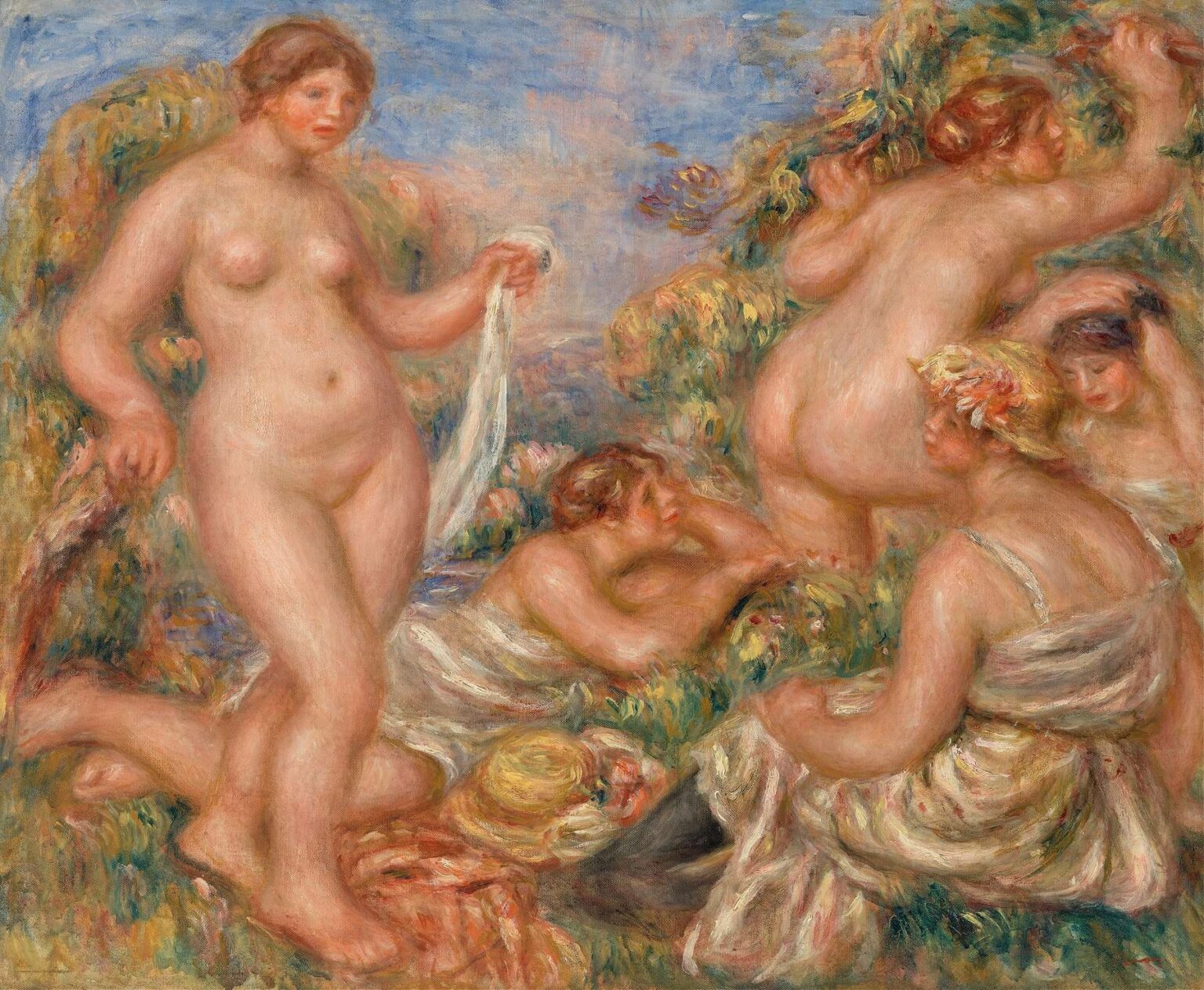 Five nude women stand, kneel, and recline by a forest stream under dappled light, their rose‑toned flesh and flowing draperies rendered in lively, broken brushstrokes against green foliage and shimmering water.
