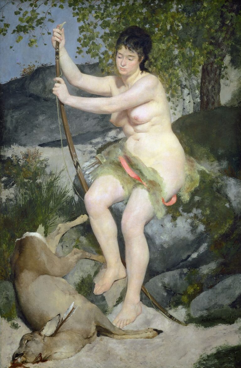A nude woman sits on moss‑covered rocks in a forest setting, holding an upright bow beside a fallen deer, her pale, softly modeled flesh illuminated by dappled sunlight under leafy branches.
