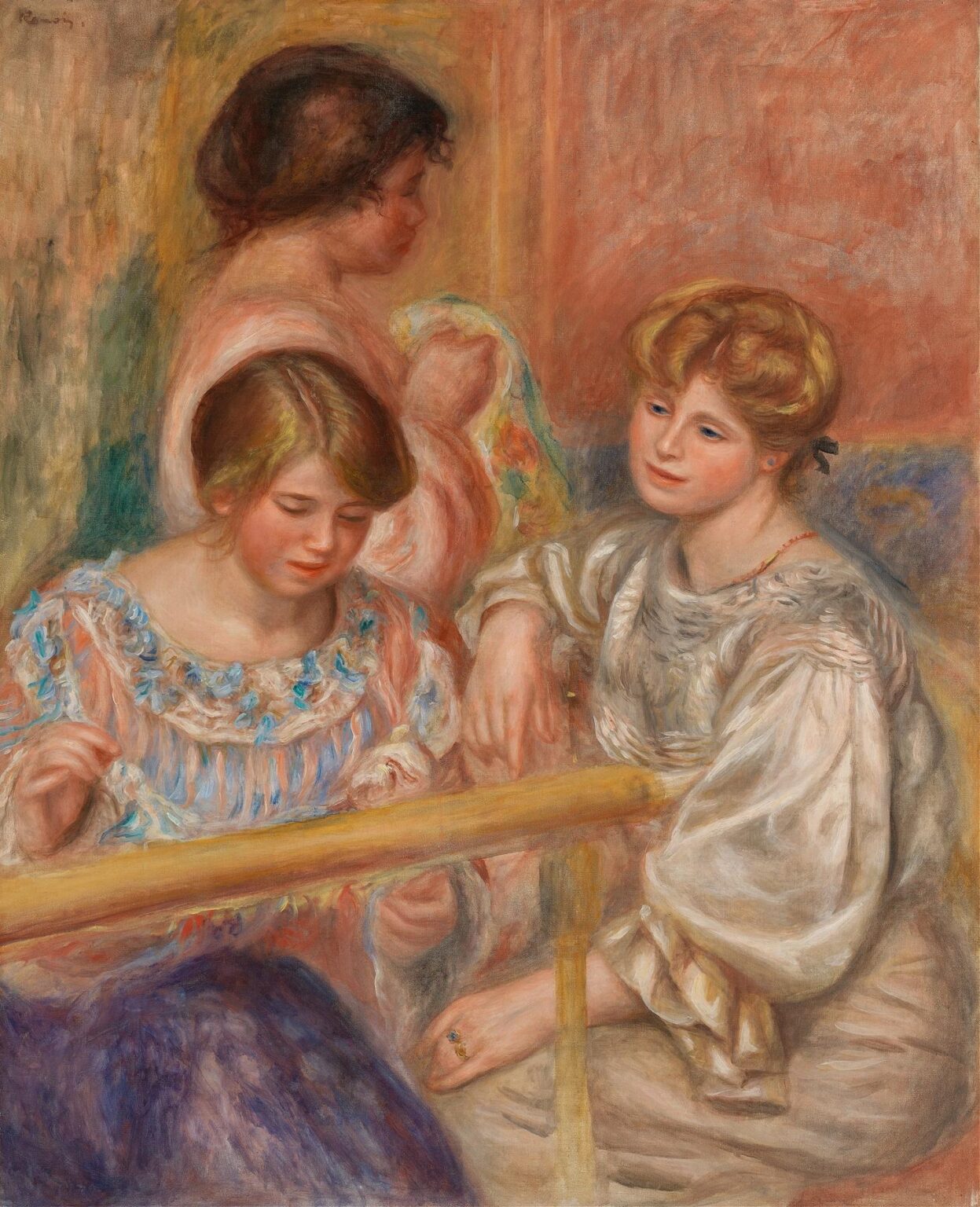 Three young women gather around a polished brass embroidery frame, their pastel gowns and softly modeled skin glowing in warm light as they focus on their stitching in Renoir’s 1902 painting.