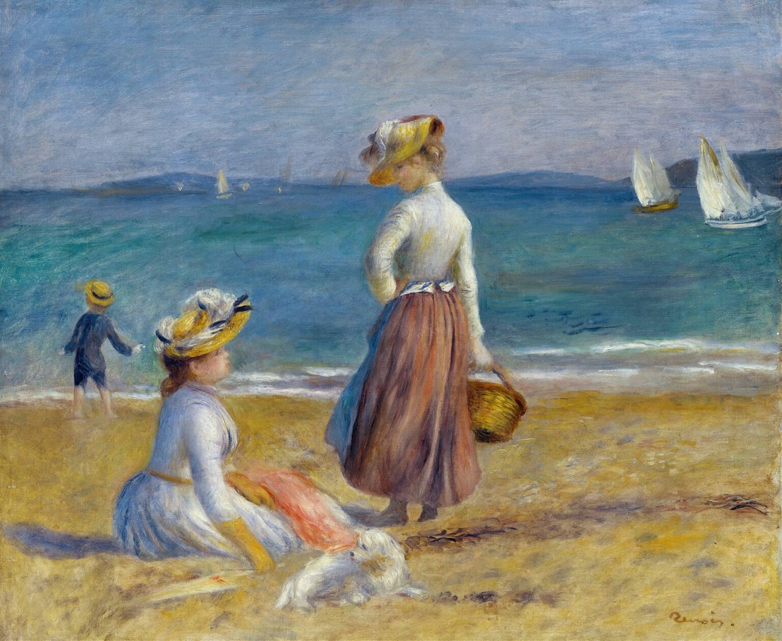 Two women in pastel dresses and a child at the water’s edge are depicted on a golden sandy beach under a pale blue sky, painted in Renoir’s luminous Impressionist style.