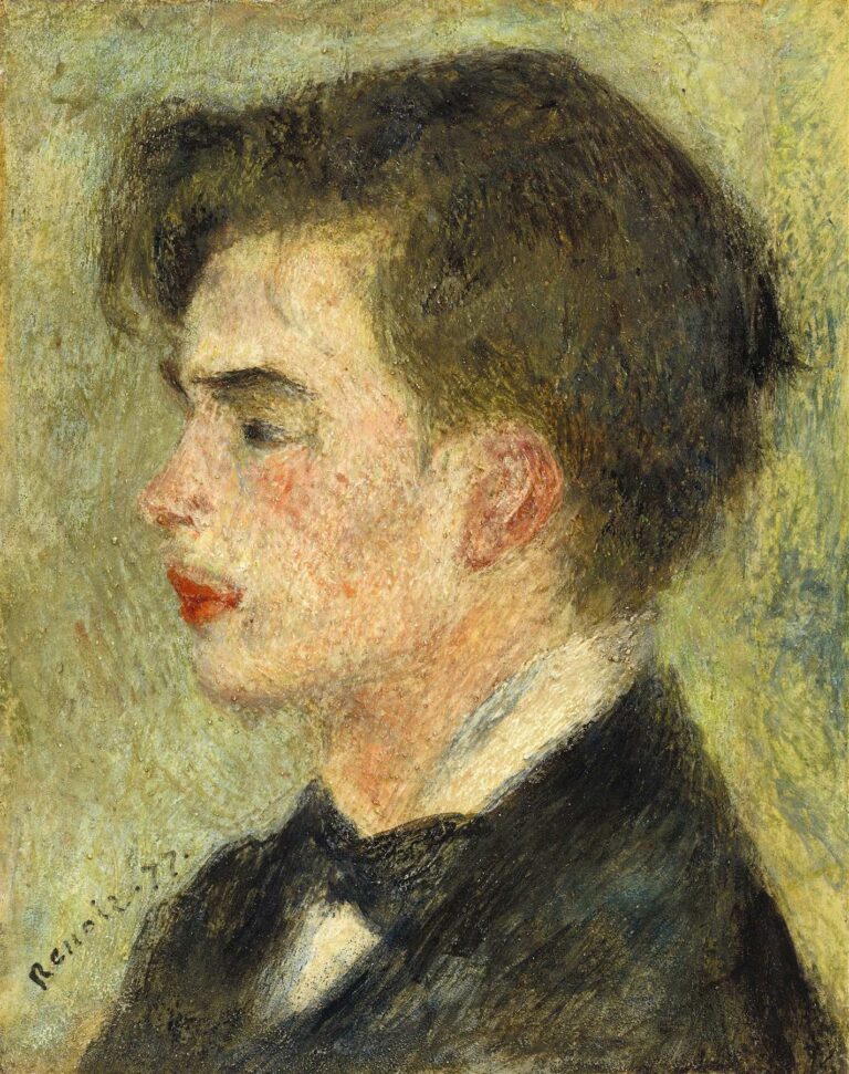 Profile of a young man in a dark jacket and bow tie, his face softly lit and rendered in broken strokes of rose and cream against a warm, abstracted backdrop.
