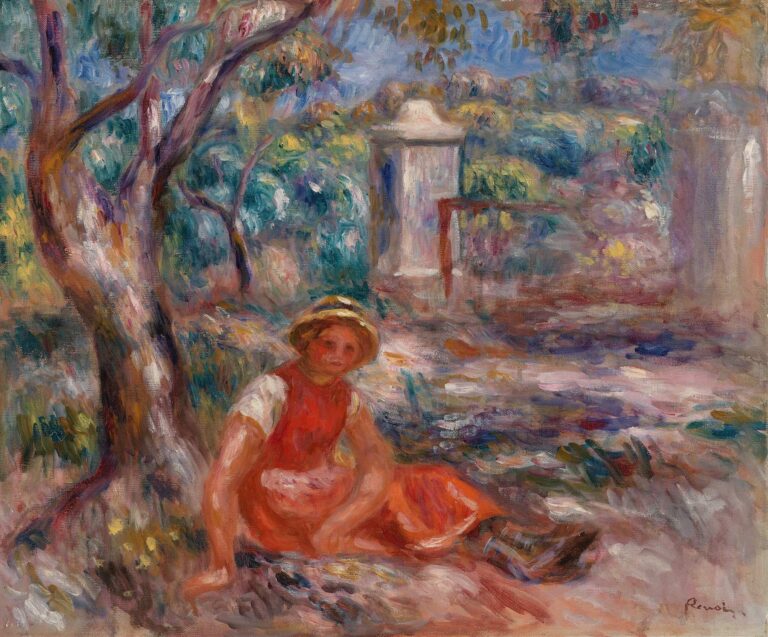 A young girl in a red dress and straw hat sits at the base of a gnarled tree trunk, bathed in dappled sunlight, in Renoir’s luminous 1914 painting.