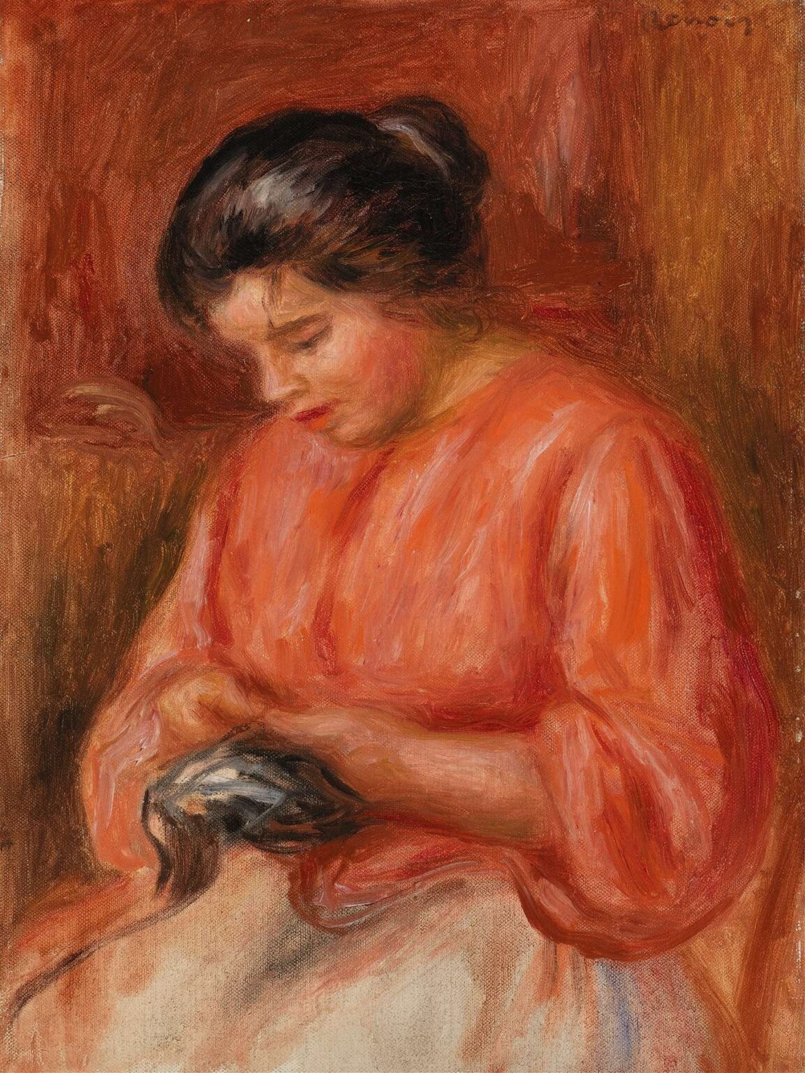 A young woman in a coral blouse leans over her lap, her dark hair tied back, focused on repairing fabric with needle and thread against a warm, painterly background.