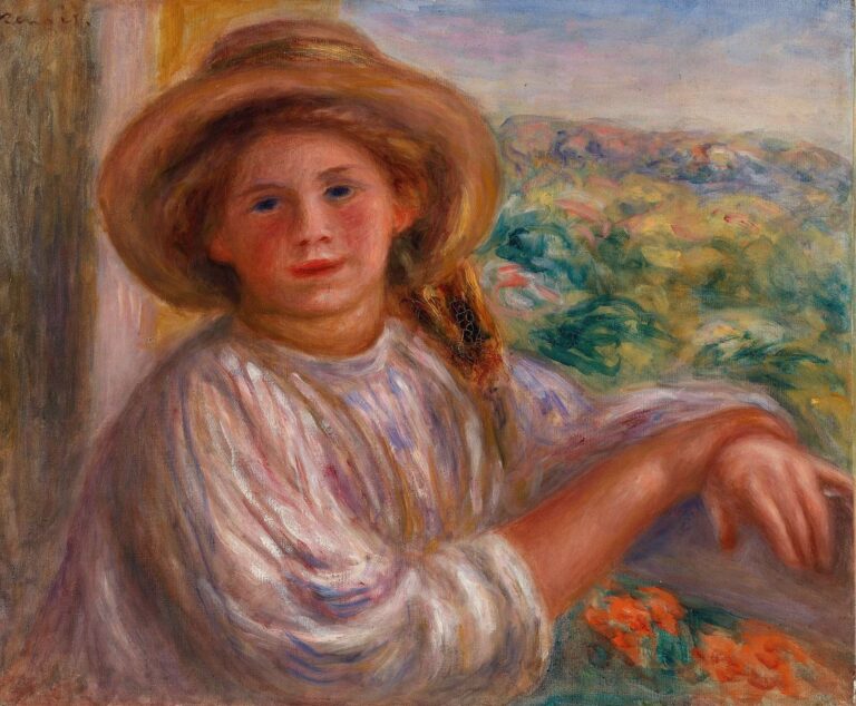 A young woman wearing a straw hat and pale blouse leans on a stone balcony with flowering bushes behind her, her face softly lit and her expression serene in Renoir’s vibrant 1911 painting.