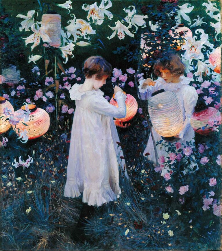 Two young girls in white dresses light paper lanterns among tall white lilies and pink carnations at twilight, the glowing lanterns casting warm light over dark foliage and evening blooms.