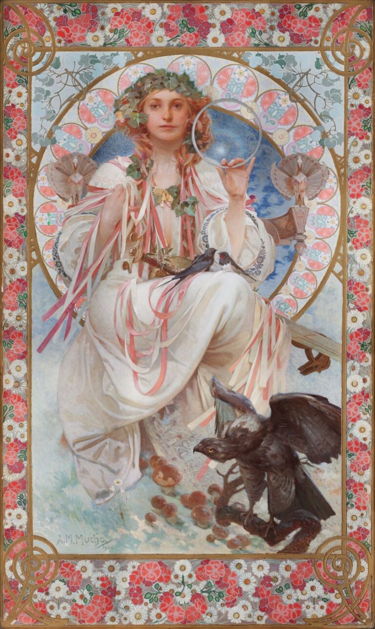Alphonse Mucha’s 1908 painting showing Josephine Crane Bradley dressed as the allegory Slavia, seated within a golden rose‑window circle, wearing a white gown and leafy crown, holding a mirror and scepter, with a black hawk and decorative floral border.