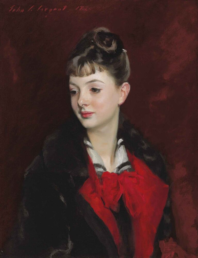 Half-length portrait of a young woman in a black velvet jacket with fur collar and red silk sash, gazing downward against a deep red-brown background, her dark hair in an elegant updo.