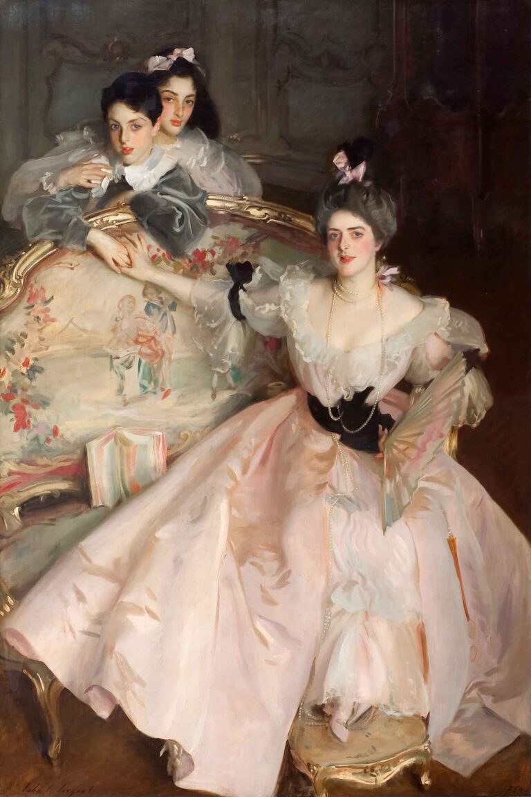 Elegant oil portrait showing a mother in a silver-blue satin gown standing beside her two young sons—one standing, one kneeling—on a lilac sofa, set against an understated paneled interior.